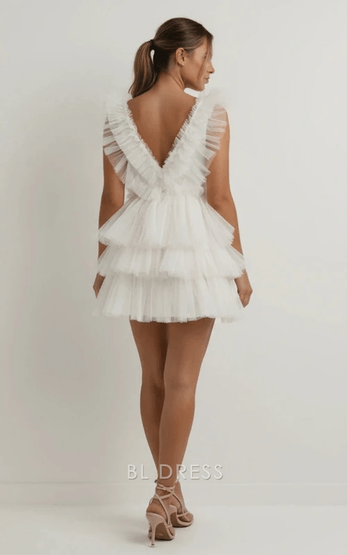 Elegant A-Line V-Neck Sleeveless Ruffled Layered White Short Homecoming Dress for Women