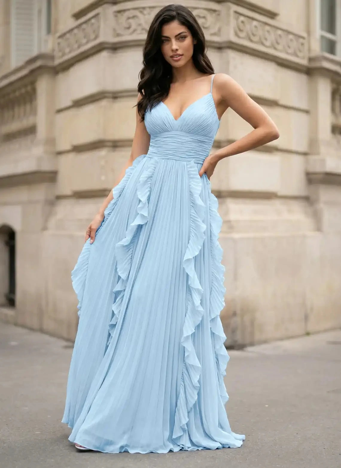 Elegant A-Line V-Neck Sleeveless Ruffled Light Blue Floor-Length Prom Dress Gown