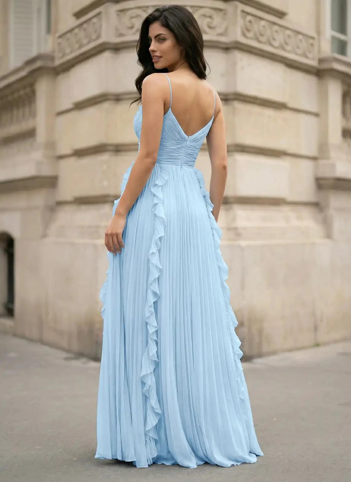 Elegant A-Line V-Neck Sleeveless Ruffled Light Blue Floor-Length Prom Dress Gown