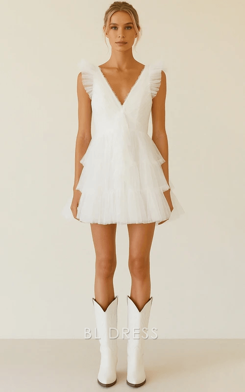 Elegant A-Line V-Neck Sleeveless Ruffled Tiered White Short Homecoming Dress