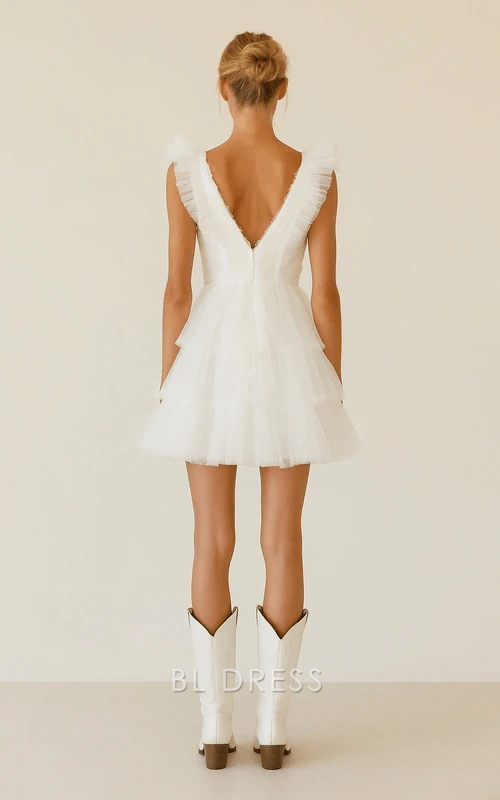 Elegant A-Line V-Neck Sleeveless Ruffled Tiered White Short Homecoming Dress