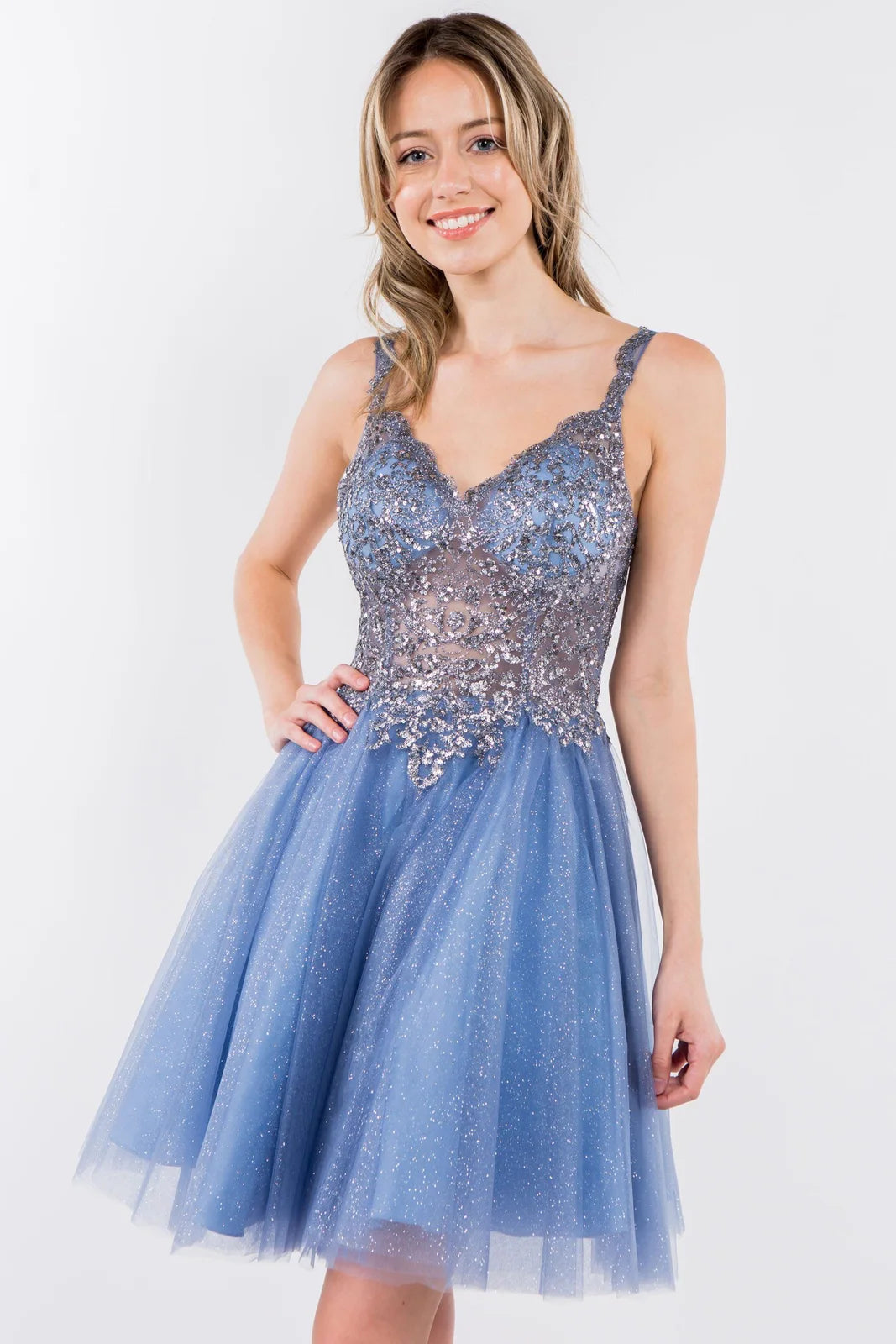 Elegant A-Line V-Neck Sleeveless Sequin Glitter Dusty Blue Short Homecoming Dress