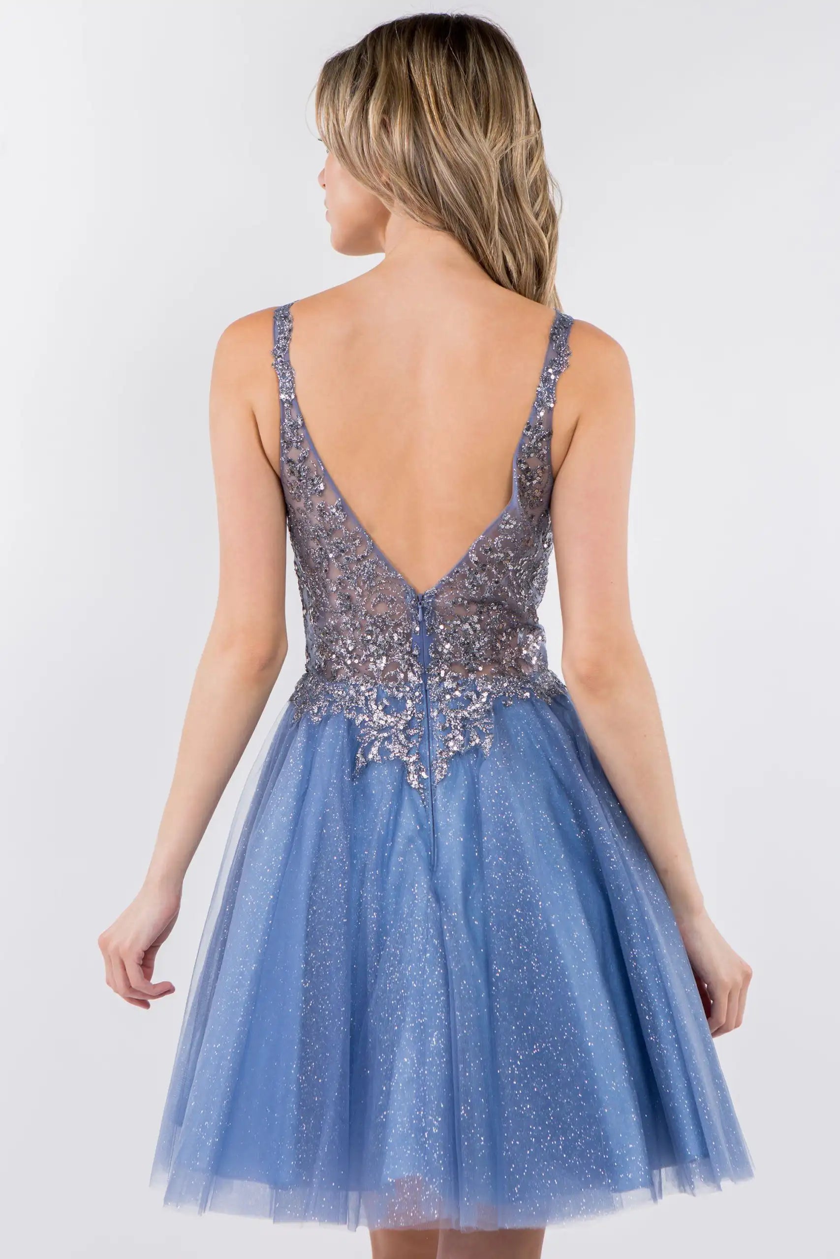 Elegant A-Line V-Neck Sleeveless Sequin Glitter Dusty Blue Short Homecoming Dress