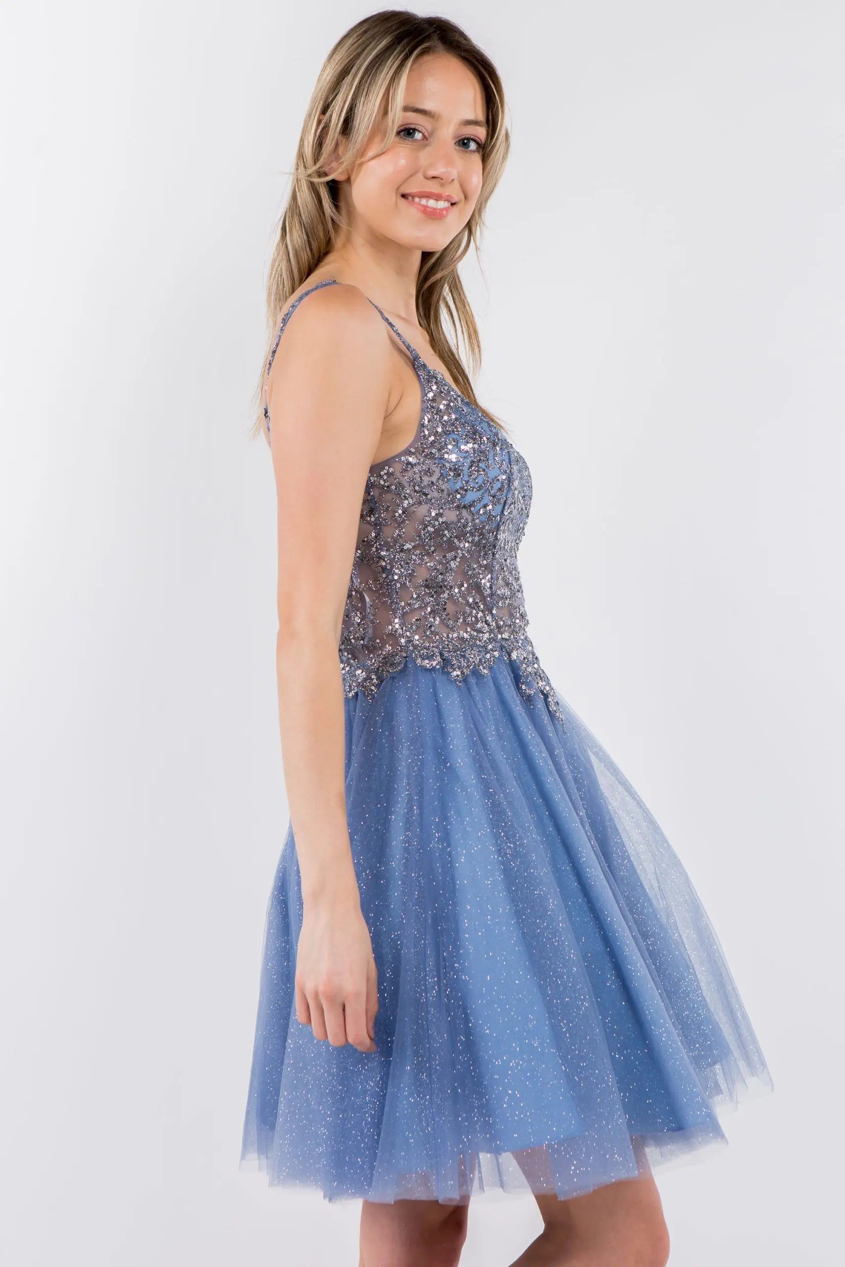 Elegant A-Line V-Neck Sleeveless Sequin Glitter Dusty Blue Short Homecoming Dress