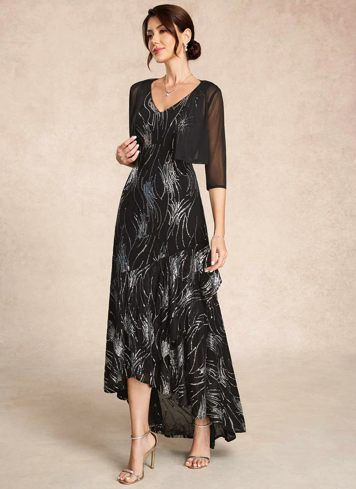 Elegant A-Line V-Neck Sleeveless Sequin Shimmer Black High-Low Mother of the Bride Dress For Women