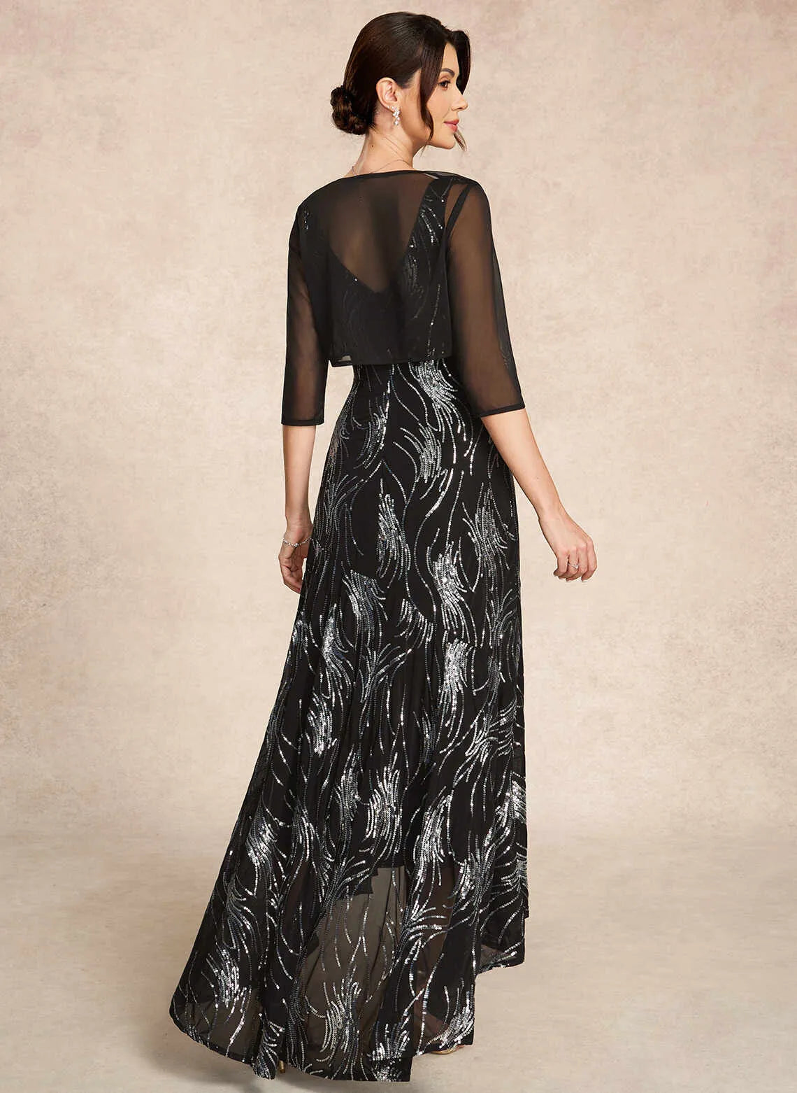 Elegant A-Line V-Neck Sleeveless Sequin Shimmer Black High-Low Mother of the Bride Dress For Women