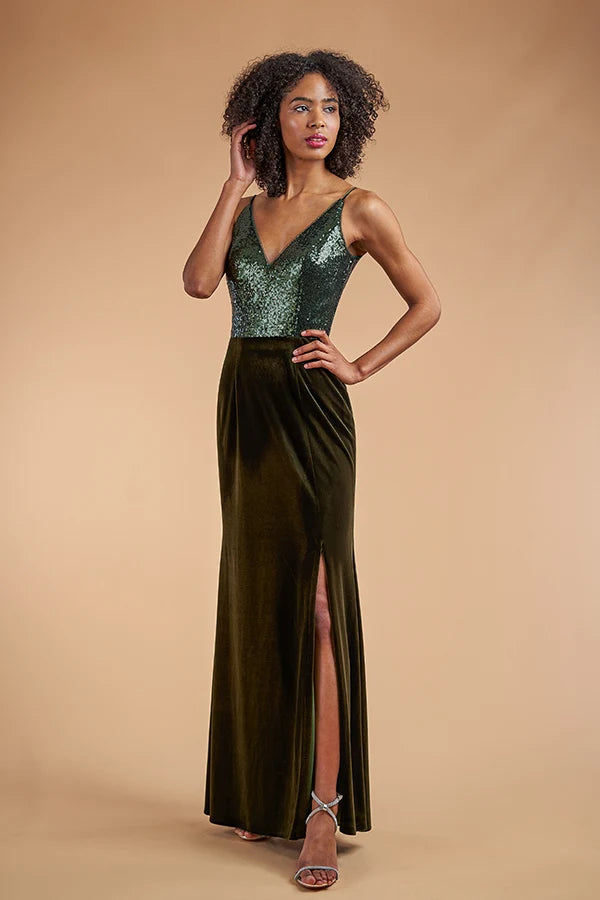 Elegant A-Line V-Neck Sleeveless Sequin Velvet Emerald Green Floor-Length Prom Gown