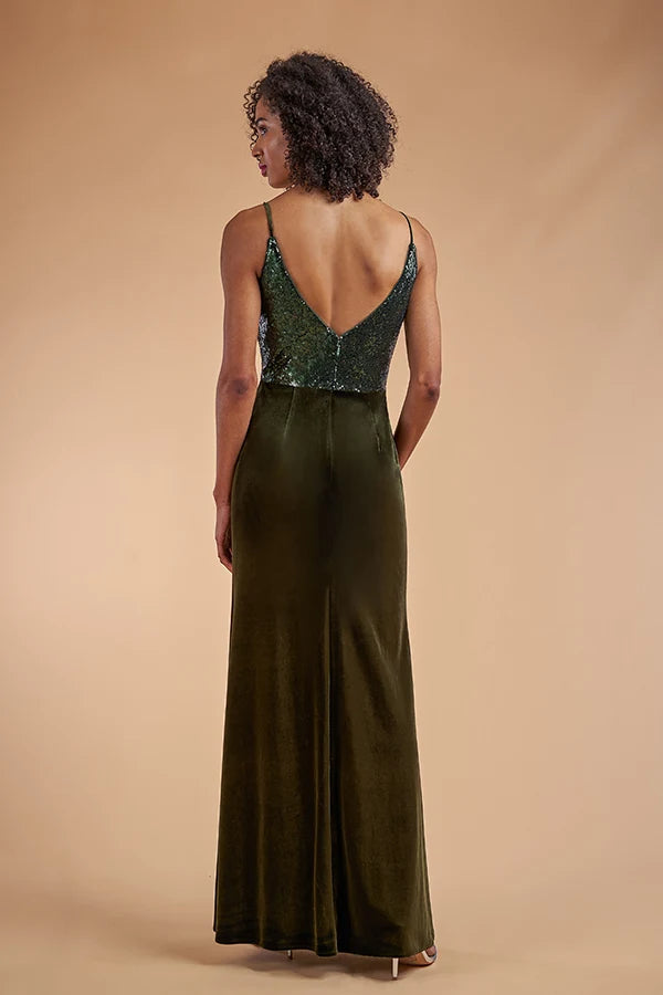 Elegant A-Line V-Neck Sleeveless Sequin Velvet Emerald Green Floor-Length Prom Gown