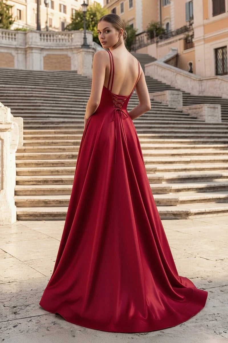 Elegant A-Line V-Neck Sleeveless Slit Backless Red Long Prom Dresses Women