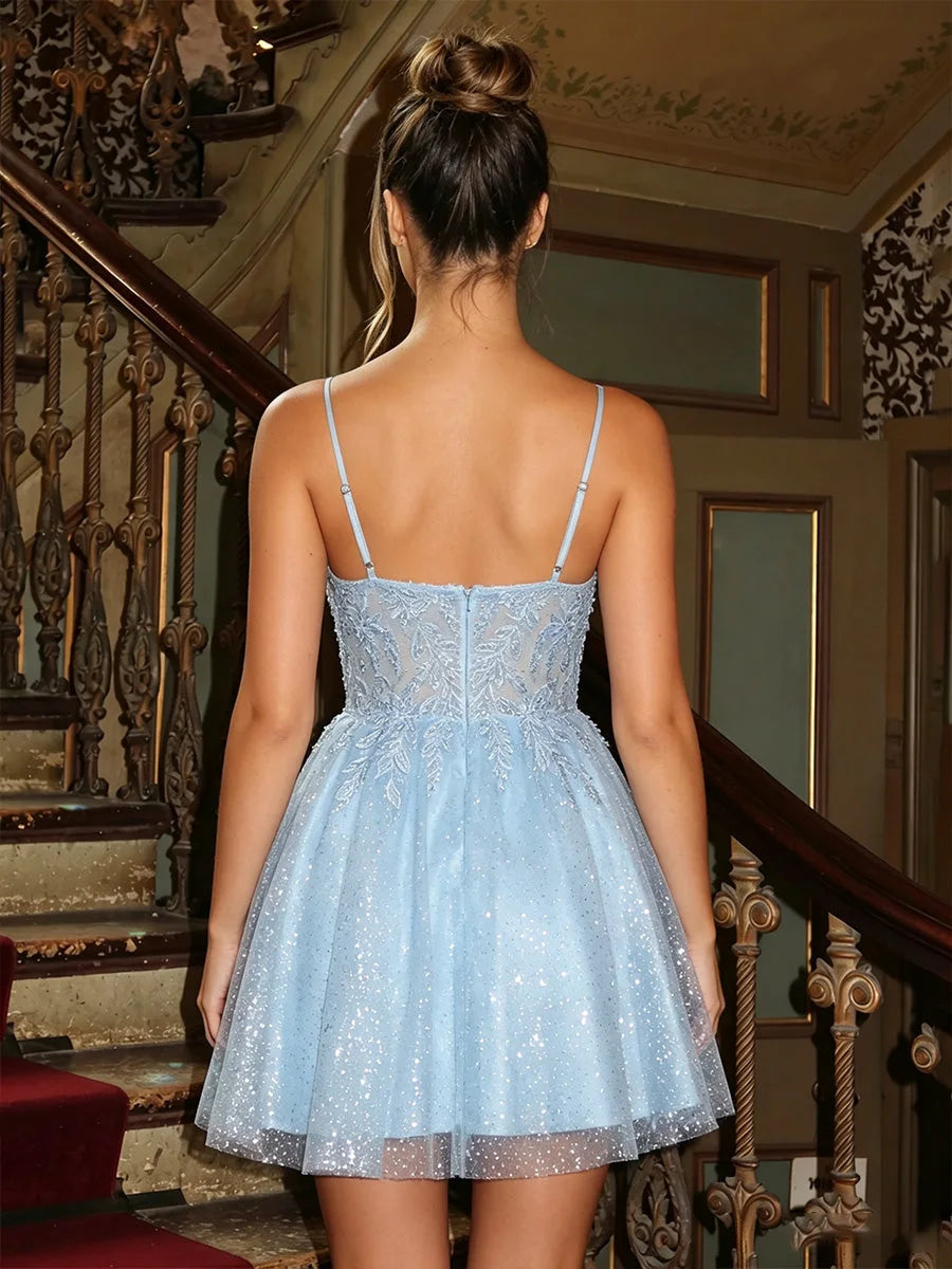 Elegant A-Line V-Neck Sleeveless Sparkling Applique Light Blue Short Homecoming Dress