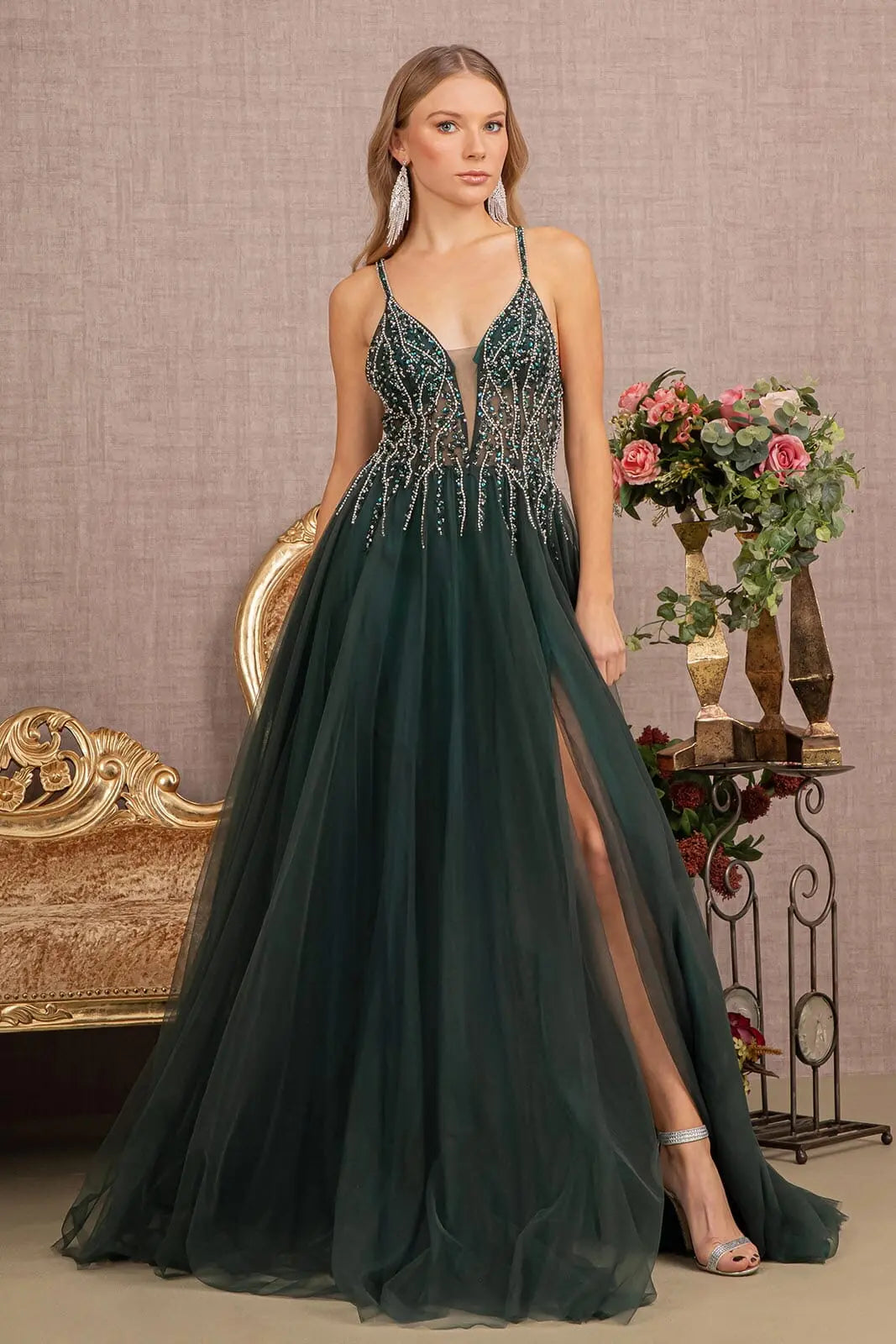 Elegant A-Line V-Neck Sleeveless Sparkling Beaded Deep Teal Floor-Length Prom Gown