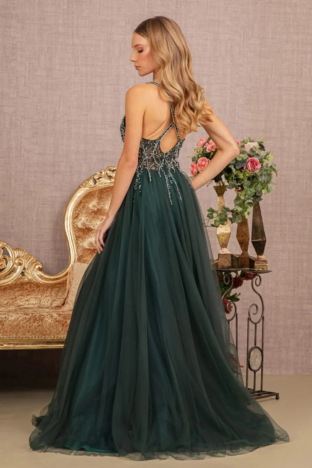 Elegant A-Line V-Neck Sleeveless Sparkling Beaded Deep Teal Floor-Length Prom Gown