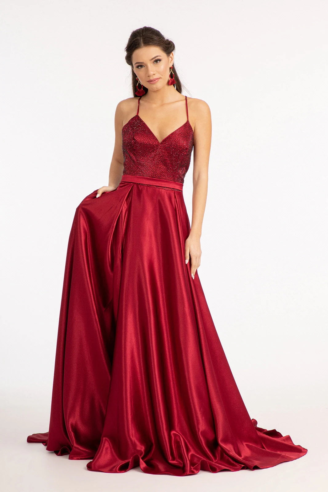 Elegant A-Line V-Neck Sleeveless Sparkling Burgundy Floor-Length Prom Dresses Gown