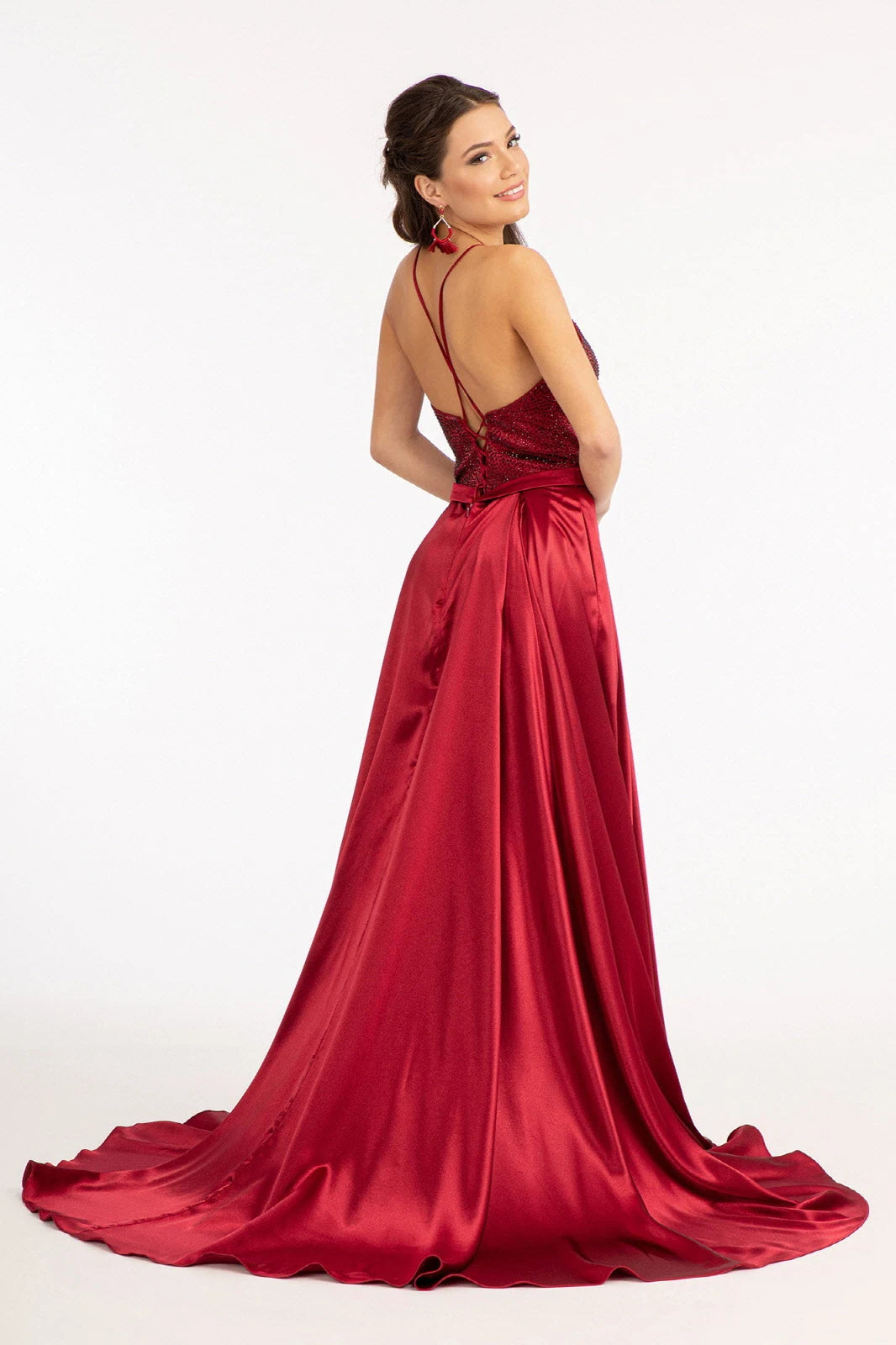 Elegant A-Line V-Neck Sleeveless Sparkling Burgundy Floor-Length Prom Dresses Gown