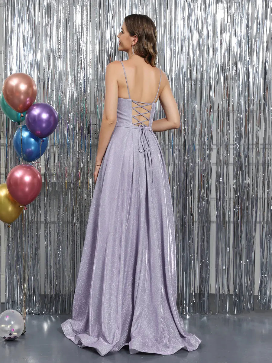 Elegant A-Line V-Neck Sleeveless Sparkling Lavender Floor-Length Prom Dresses Gown