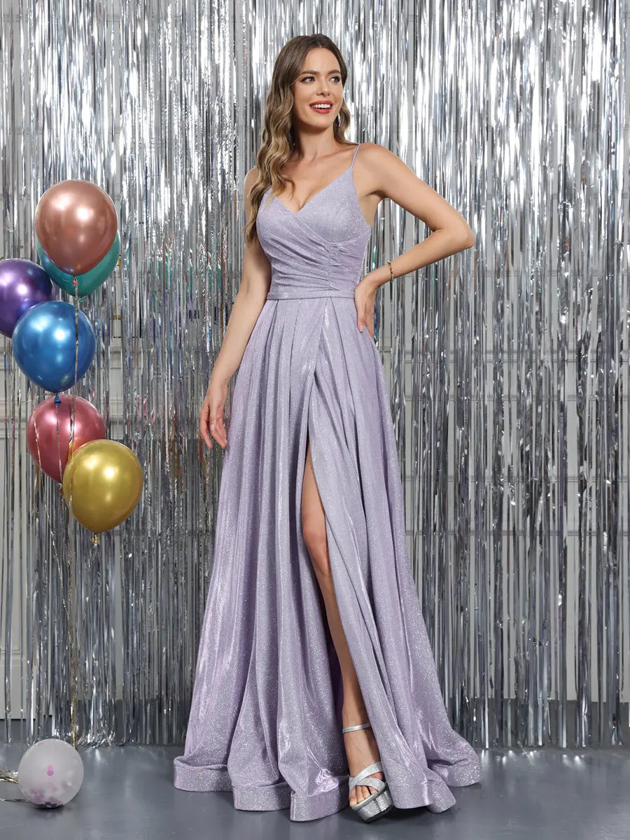 Elegant A-Line V-Neck Sleeveless Sparkling Lavender Floor-Length Prom Dresses Gown