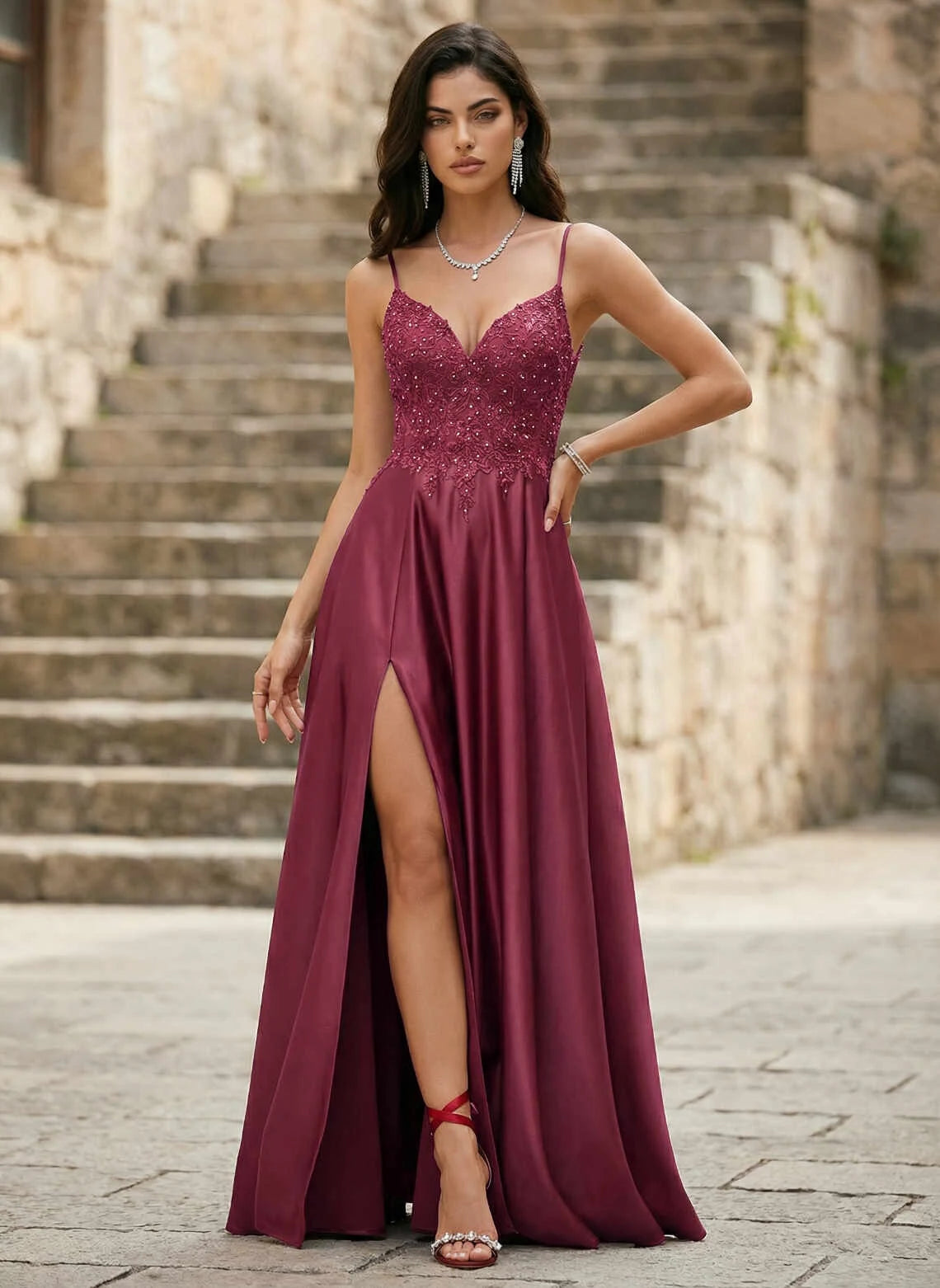 Elegant A-Line V-Neck Sleeveless Sparkling Slit Wine Red Floor-Length Prom Dress Women