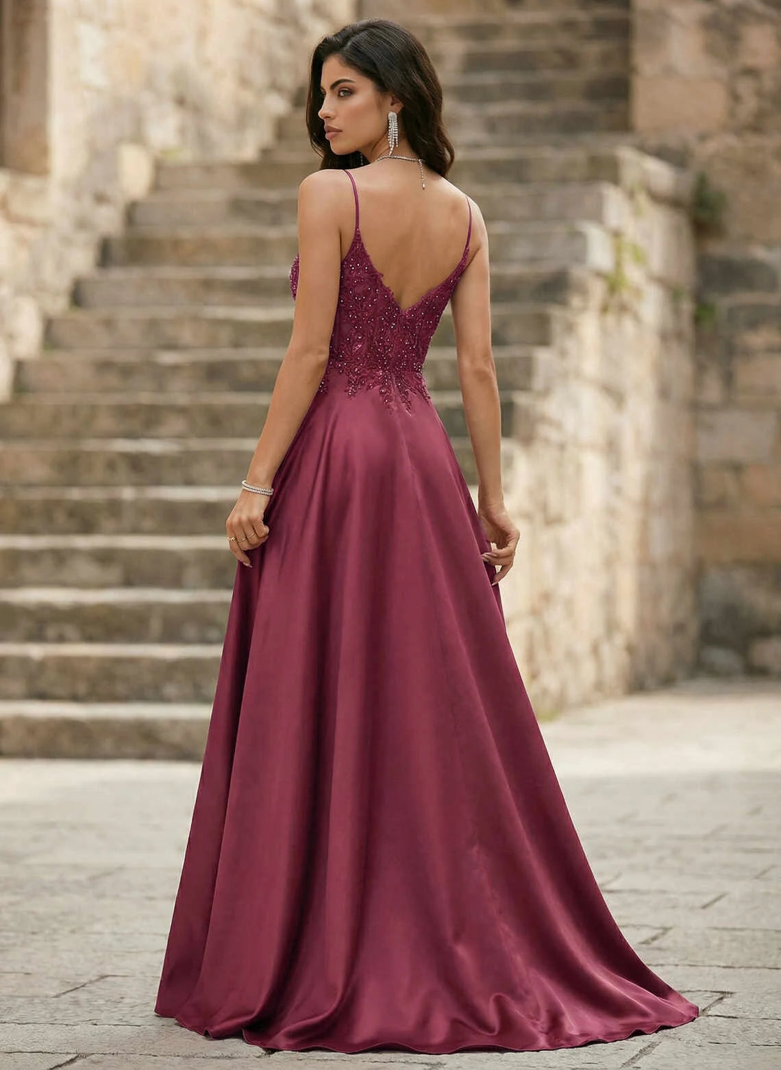 Elegant A-Line V-Neck Sleeveless Sparkling Slit Wine Red Floor-Length Prom Dress Women