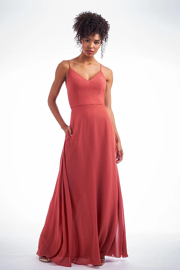 Elegant A-Line V-Neck Sleeveless Tie-Back Terracotta Floor-Length Prom Gown