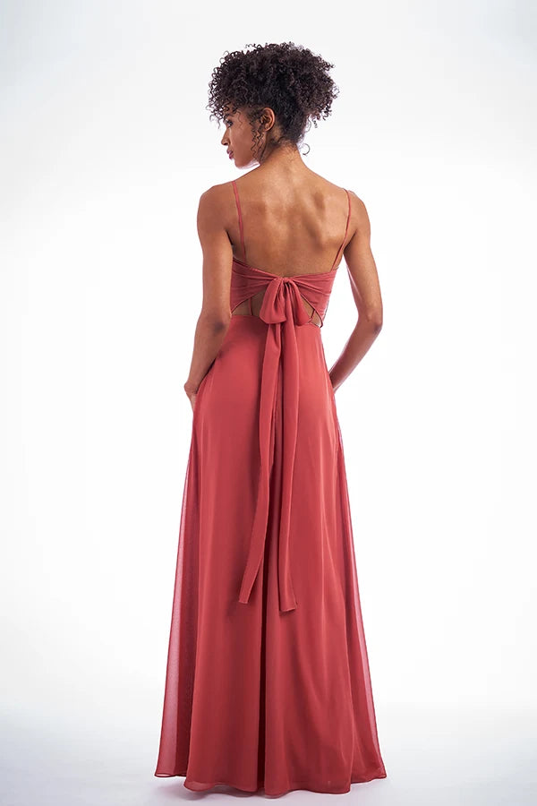 Elegant A-Line V-Neck Sleeveless Tie-Back Terracotta Floor-Length Prom Gown