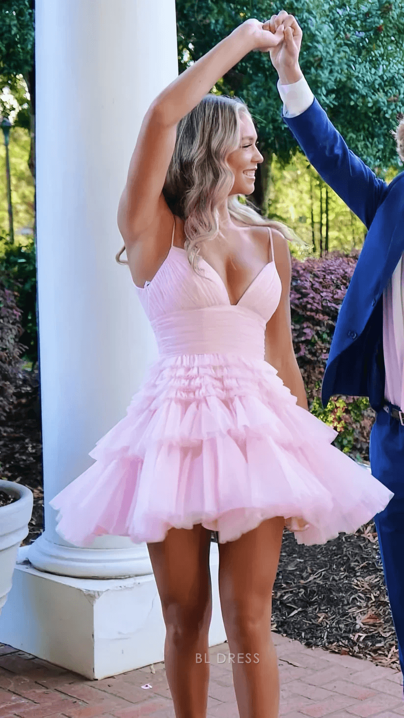 Elegant A-Line V-Neck Sleeveless Tiered Ruffle Light Pink Mini Homecoming Dress