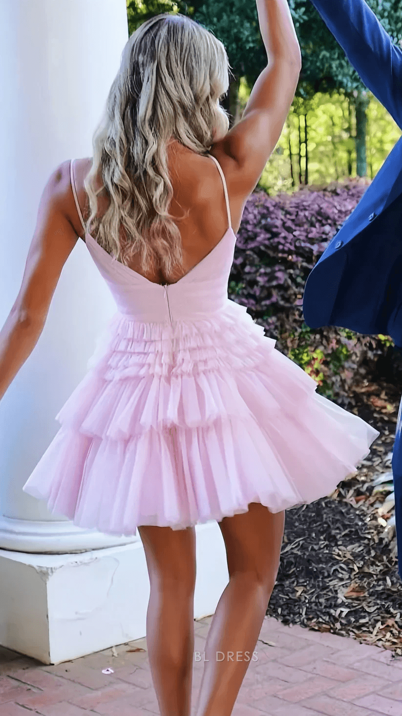 Elegant A-Line V-Neck Sleeveless Tiered Ruffle Light Pink Mini Homecoming Dress
