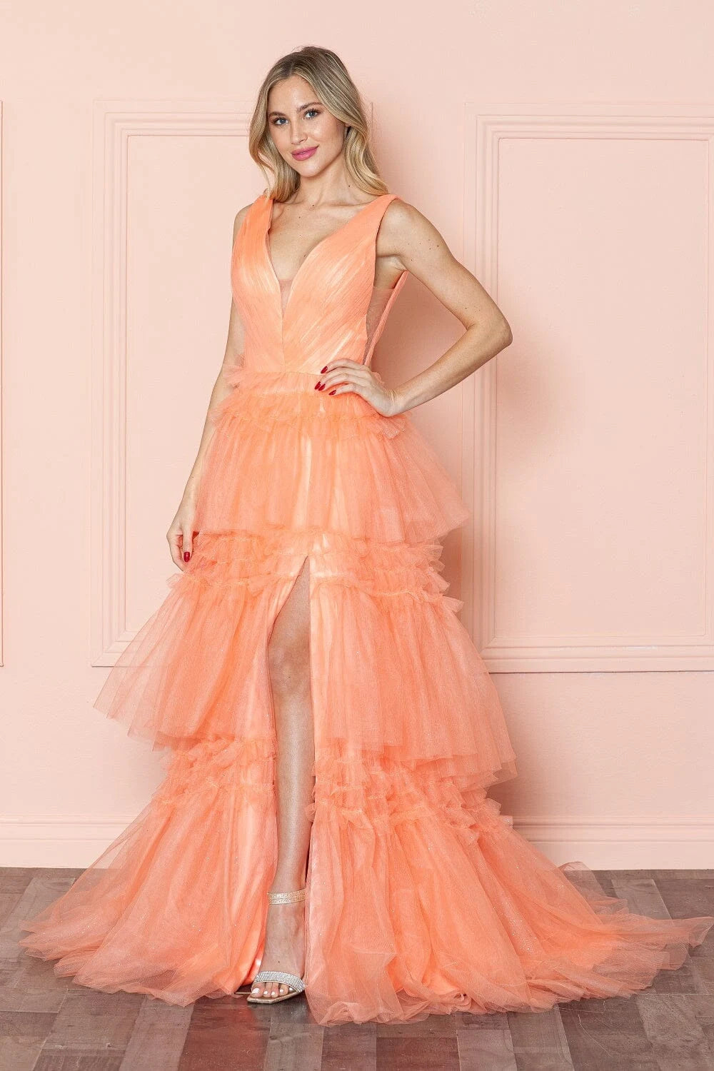 Elegant A-Line V-Neck Sleeveless Tiered Ruffle Peach Floor-Length Prom Dresses Gown