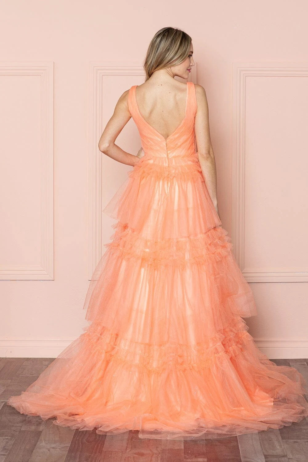 Elegant A-Line V-Neck Sleeveless Tiered Ruffle Peach Floor-Length Prom Dresses Gown