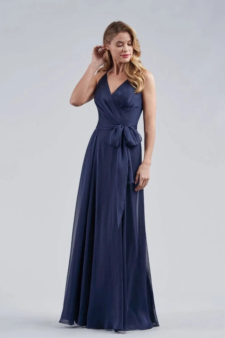 Elegant A-Line V-Neck Sleeveless Wrap Criss-Cross Navy Blue Floor Prom Gown