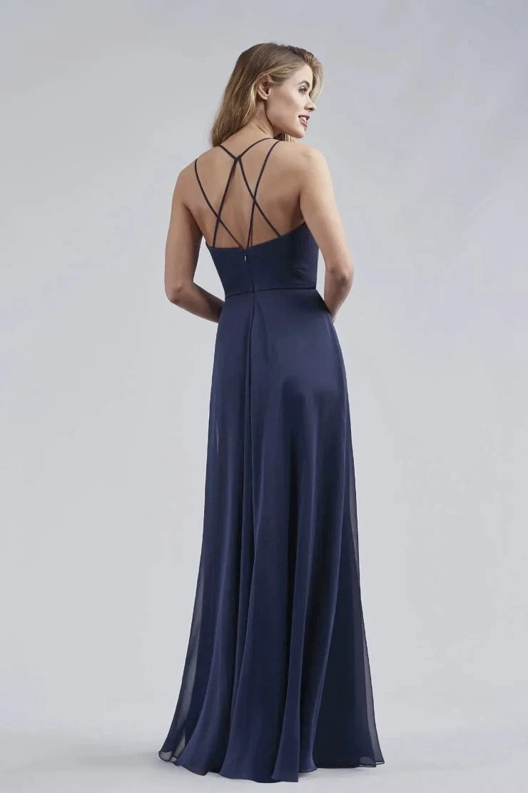 Elegant A-Line V-Neck Sleeveless Wrap Criss-Cross Navy Blue Floor Prom Gown
