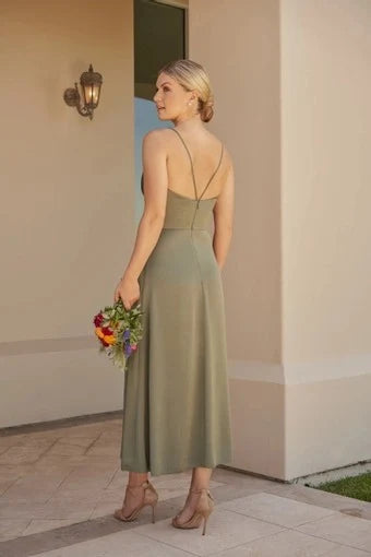 Elegant A-Line V-Neck Sleeveless Wrap Slit Sage Green Midi Prom Dress