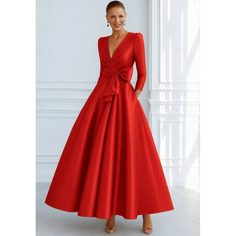 Elegant A-Line V-Neck Three-Quarter Sleeve Draped Bow Red Midi Evening Dresses Gown
