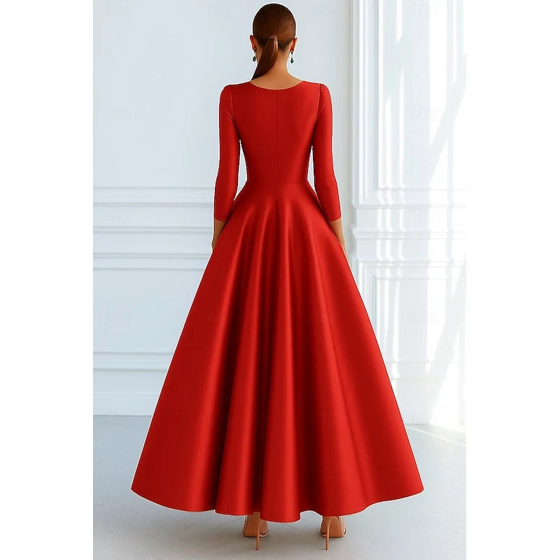 Elegant A-Line V-Neck Three-Quarter Sleeve Draped Bow Red Midi Evening Dresses Gown