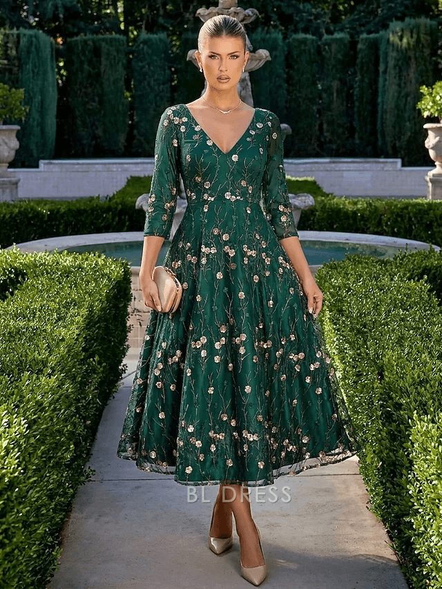 Elegant A-Line V-Neck Three-Quarter Sleeve Floral Emerald Green Midi Prom Dress