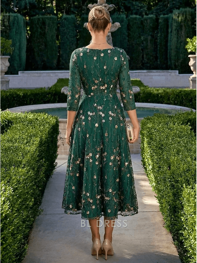 Elegant A-Line V-Neck Three-Quarter Sleeve Floral Emerald Green Midi Prom Dress