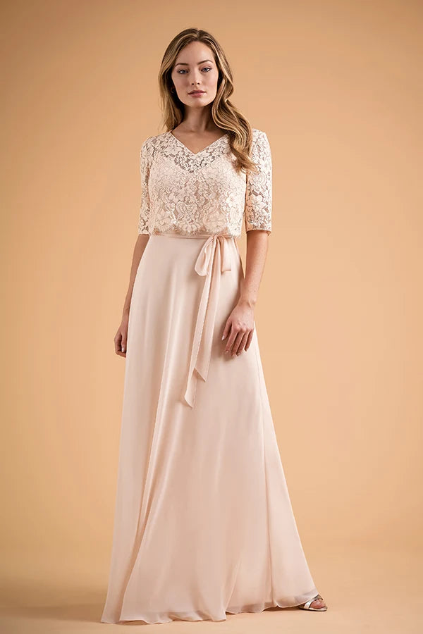 Elegant A-Line V-Neck Three-Quarter Sleeve Lace Overlay Blush Floor-Length Prom Dress