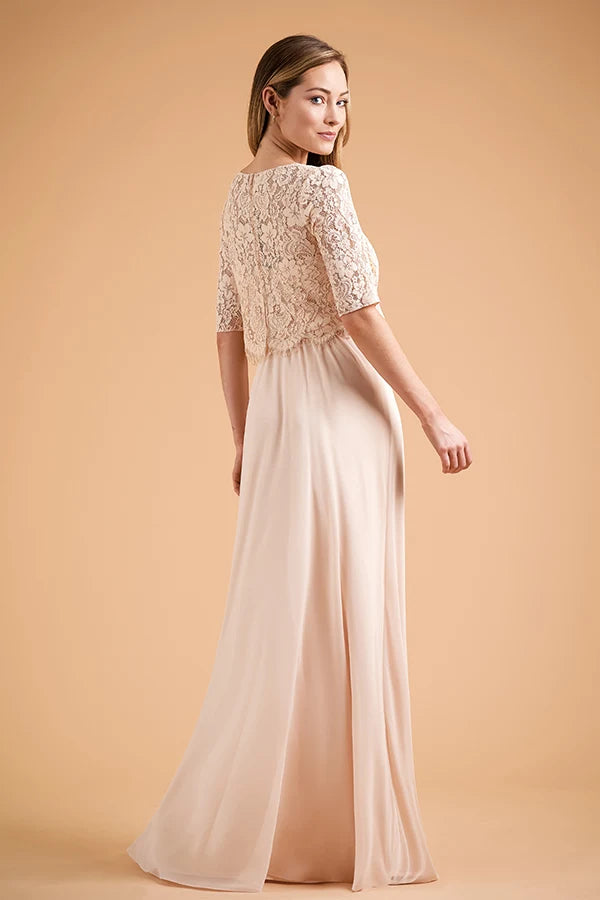 Elegant A-Line V-Neck Three-Quarter Sleeve Lace Overlay Blush Floor-Length Prom Dress