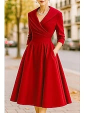 Elegant A-Line V-Neck Three-Quarter Sleeve Rich Red Midi Prom Dress