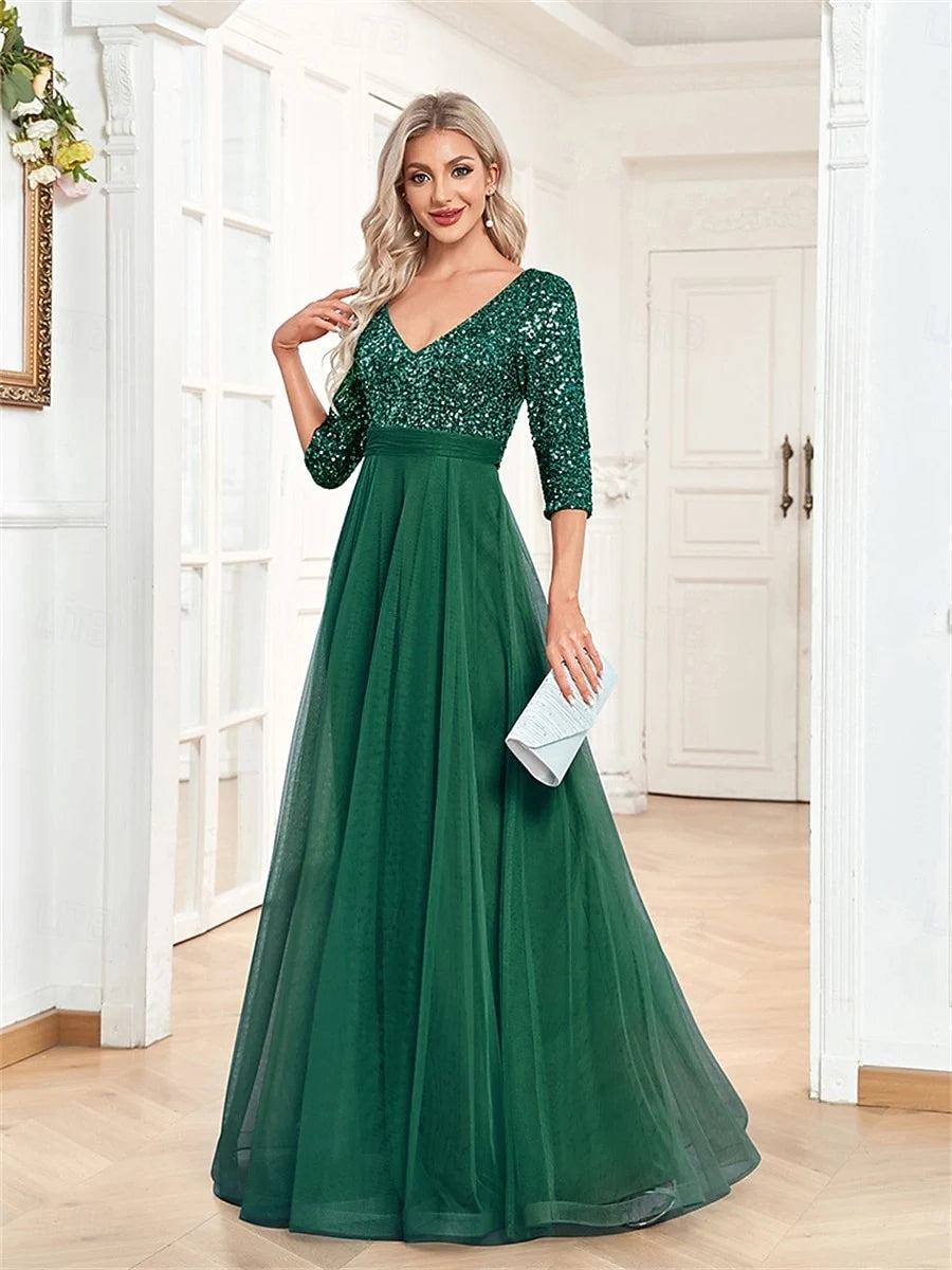Elegant A-Line V-Neck Three-Quarter Sleeve Sparkling Emerald Green Floor-Length Prom Gown