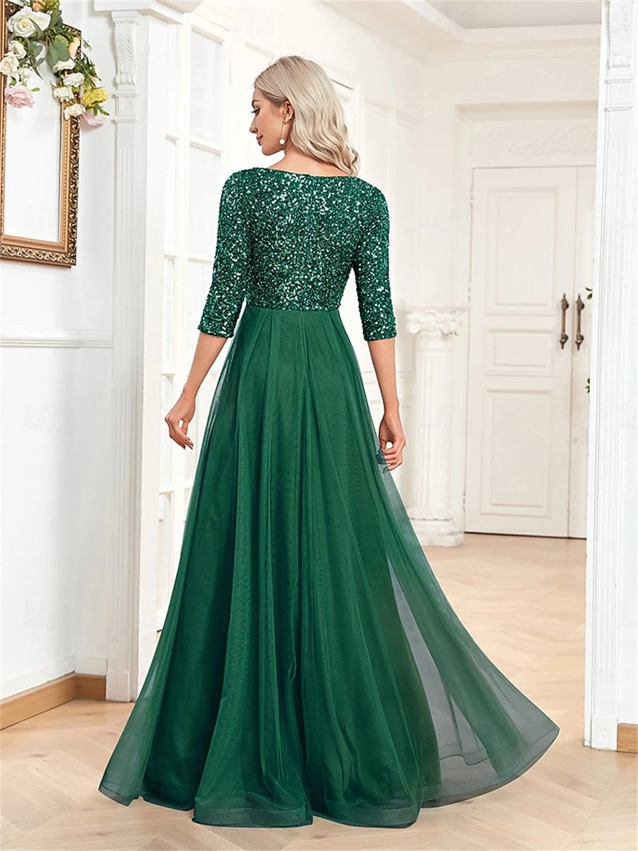Elegant A-Line V-Neck Three-Quarter Sleeve Sparkling Emerald Green Floor-Length Prom Gown