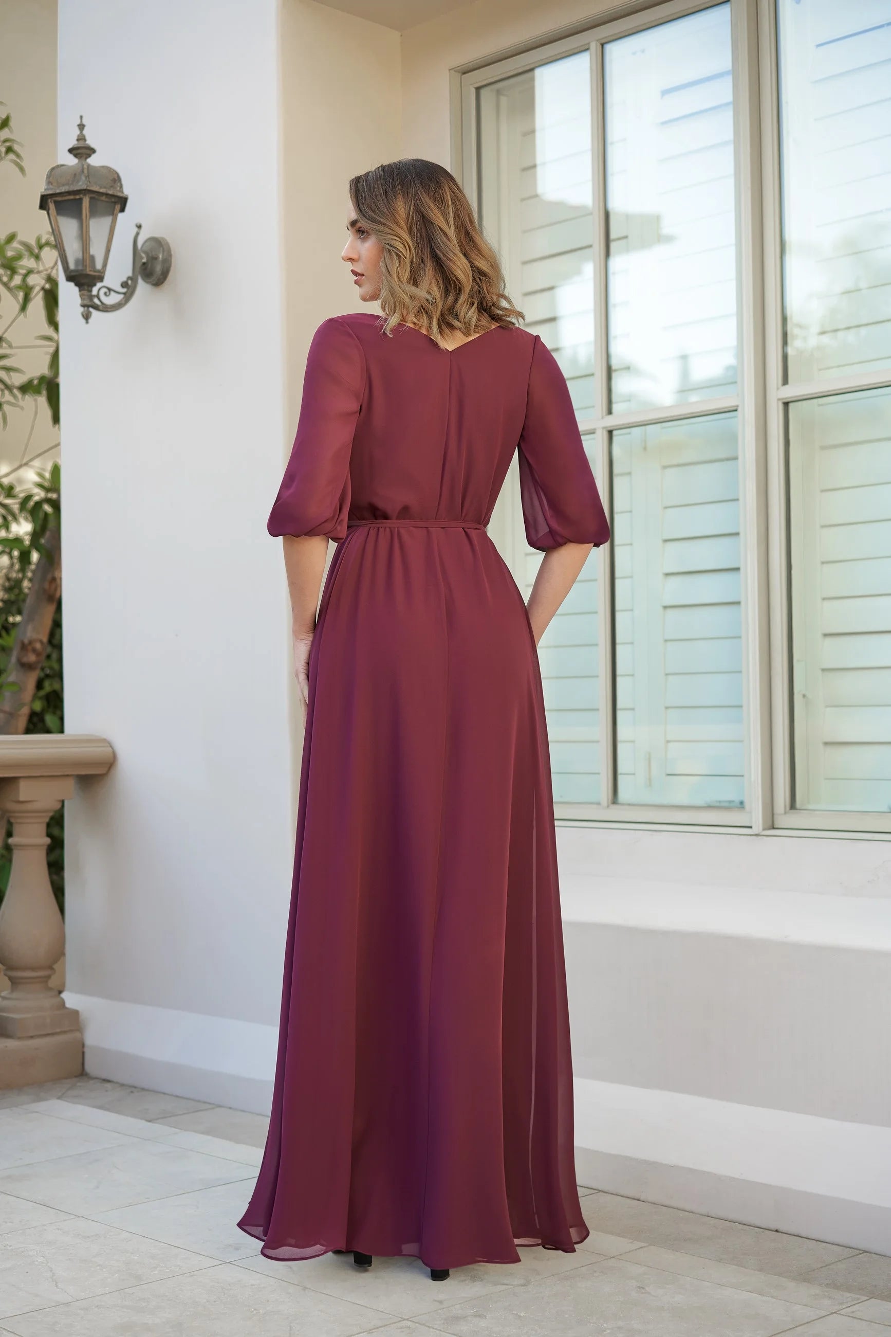 Elegant A-Line V-Neck Three-Quarter Sleeve Wrap Burgundy Maxi Prom Dress