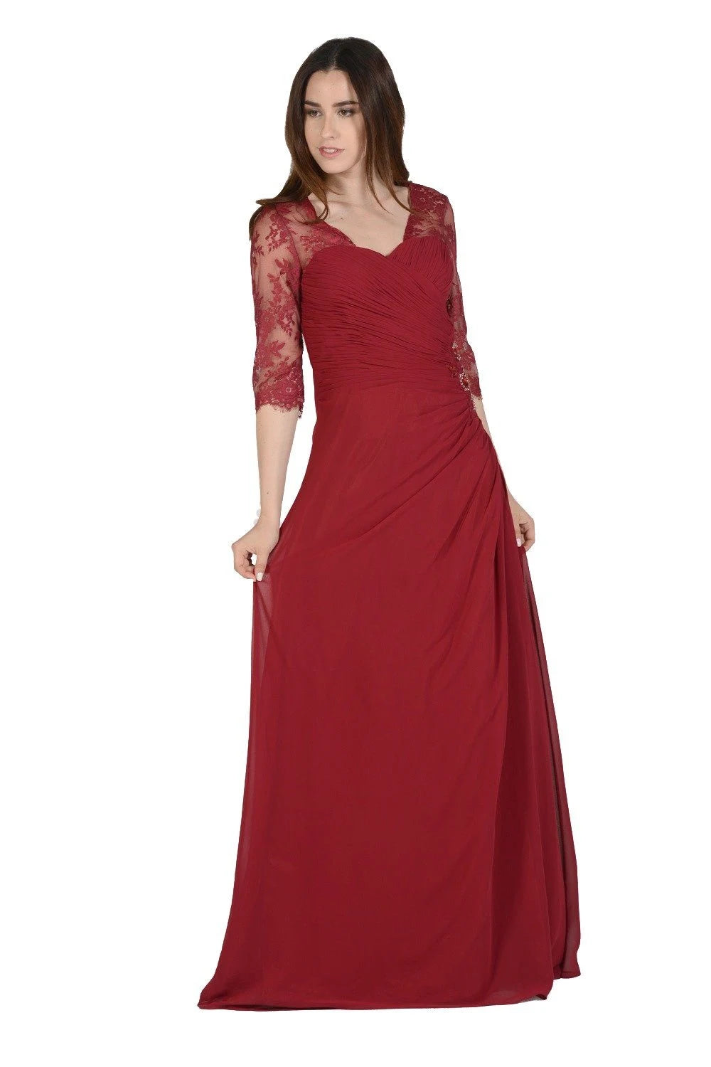 Elegant A-Line V-Neck Three-Quarter Sleeves Ruched Lace Burgundy Floor-Length Prom Gown