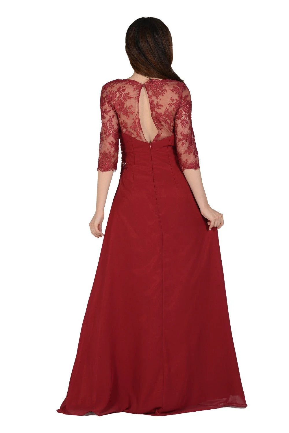 Elegant A-Line V-Neck Three-Quarter Sleeves Ruched Lace Burgundy Floor-Length Prom Gown