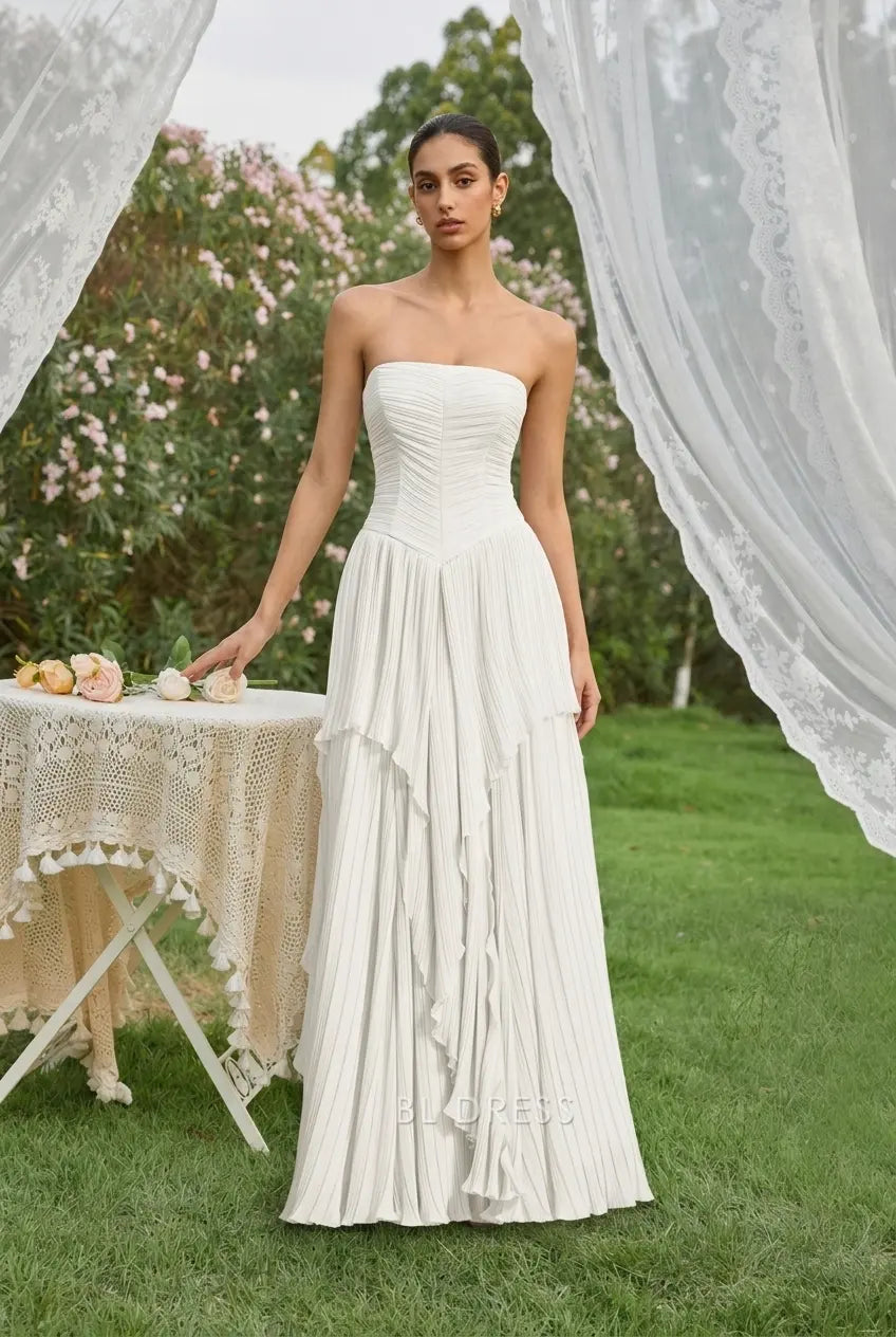 Elegant A-line Strapless Pleated Tiered White Floor-length Prom Dress Women