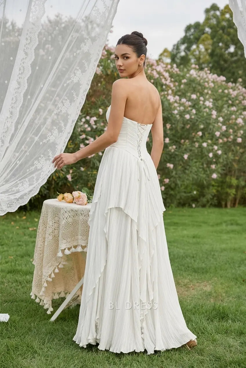 Elegant A-line Strapless Pleated Tiered White Floor-length Prom Dress Women