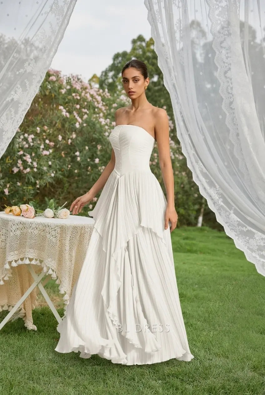 Elegant A-line Strapless Pleated Tiered White Floor-length Prom Dress Women