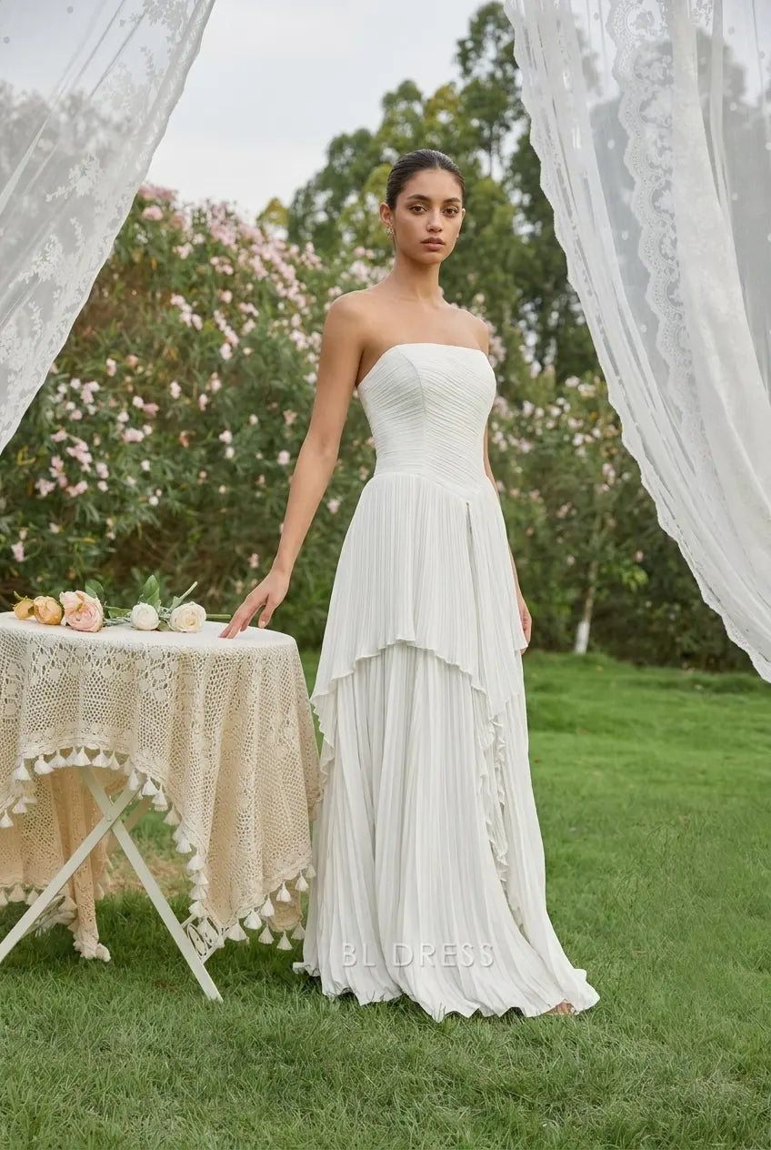 Elegant A-line Strapless Pleated Tiered White Floor-length Prom Dress Women