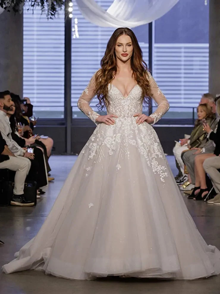 Elegant Ball Gown Deep V-Neck Long Sleeve Lace Ivory Floor-Length Wedding Dress