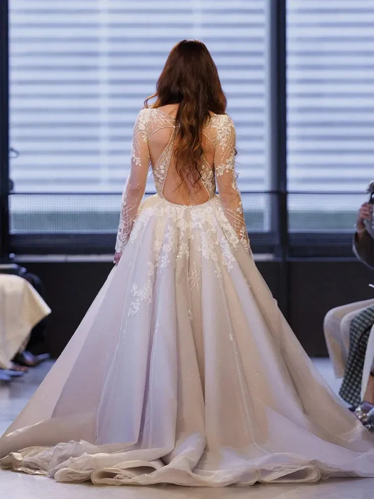 Elegant Ball Gown Deep V-Neck Long Sleeve Lace Ivory Floor-Length Wedding Dress