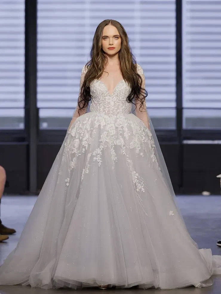 Elegant Ball Gown Deep V-Neck Long Sleeve Lace Ivory Floor-Length Wedding Dress